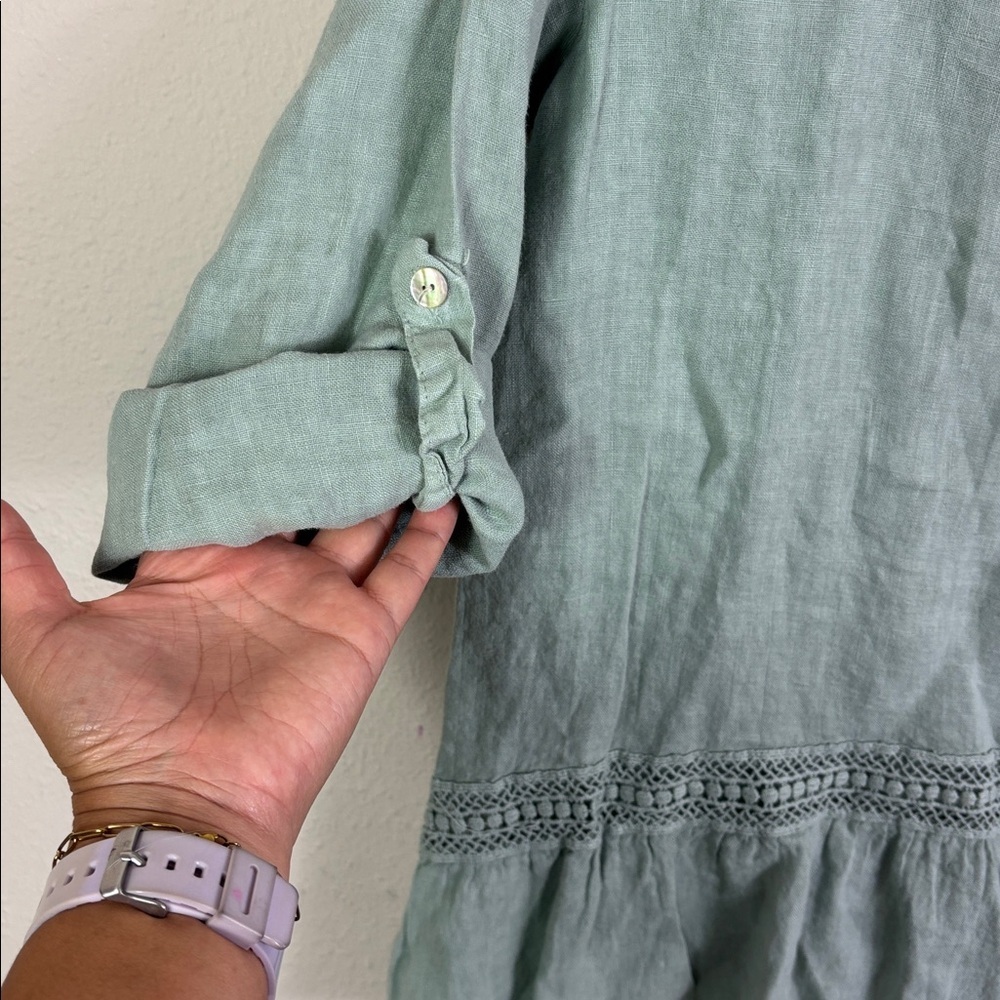 Terzo Millennio 100% Linen Green Top Roll Up Sleeves Blouse Relaxed Fit size L - Picture 9 of 11